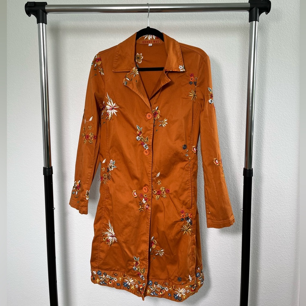 Johnny Was Medium Burnt Orange Embroidered Trench Coat